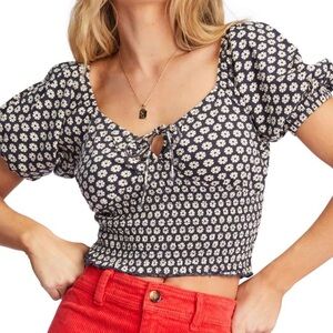 Billabong Navy & Cream Floral Smocked Top